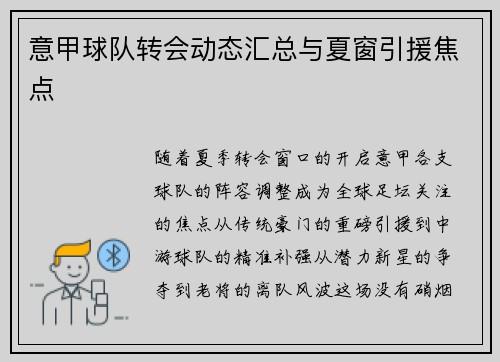 意甲球队转会动态汇总与夏窗引援焦点